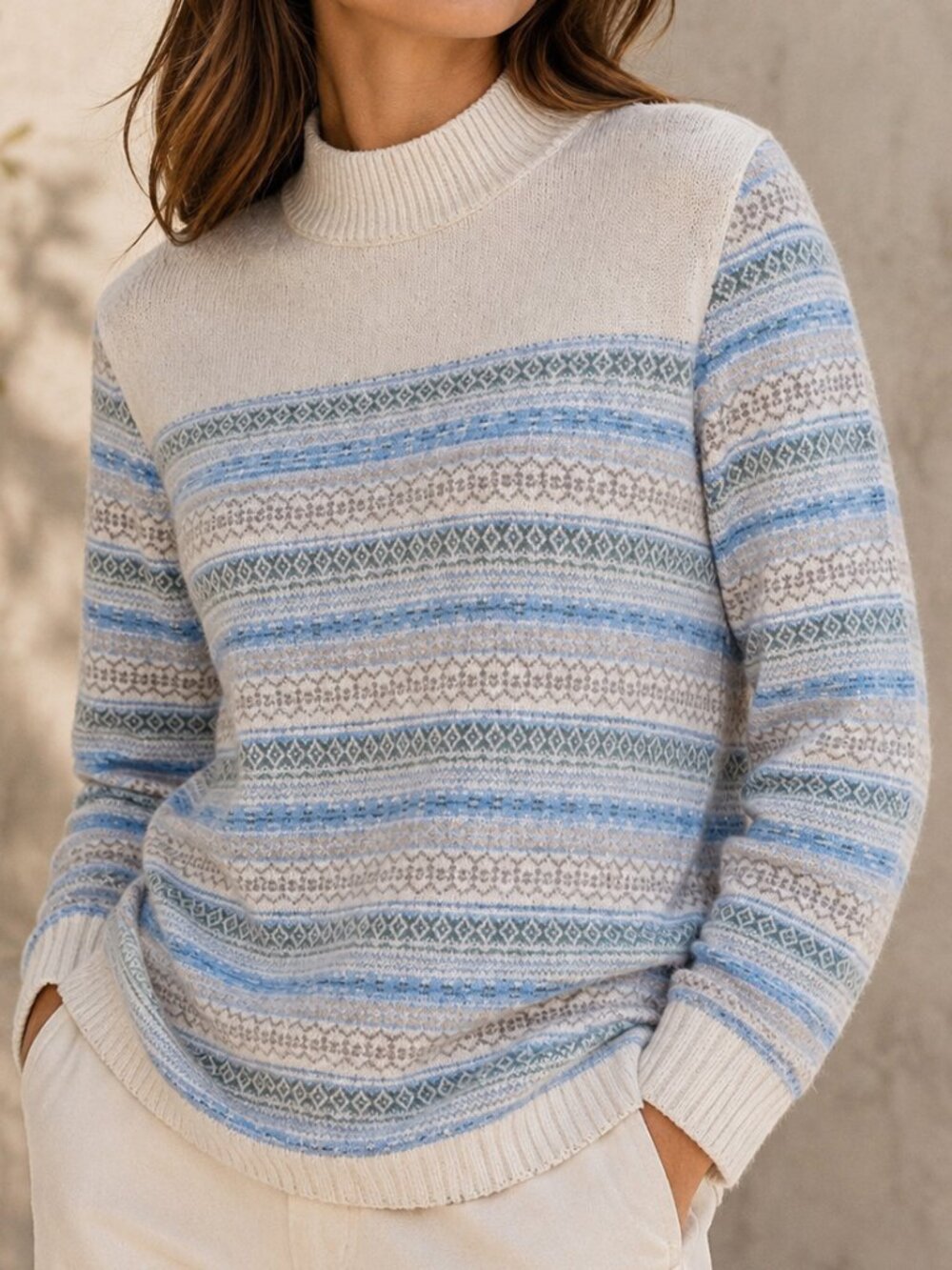 The Tog Shop Fair Isle Nordic Mock Neck Sweater Blue Cotton Blend L